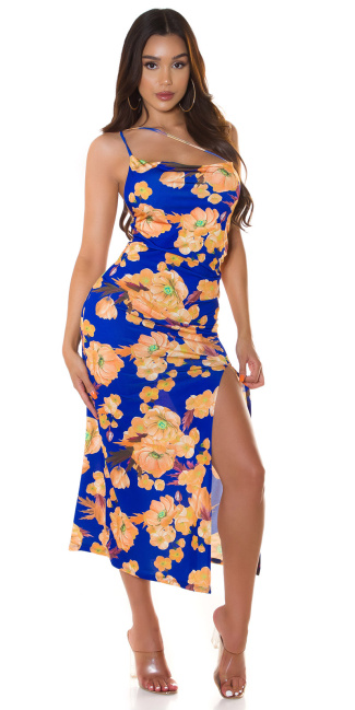 Summer Dress with XL Leg Slit and flower print Blue